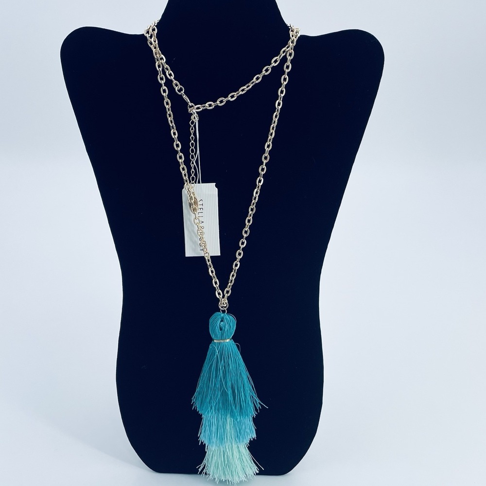 Stella & Ruby‎ Blue Green Tassel Layered Design Necklace Gold Tone 21"